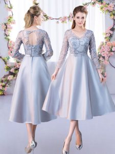 Silver A-line V-neck 3 4 Length Sleeve Satin Tea Length Lace Up Lace Quinceanera Court Dresses