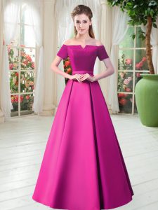 Fuchsia A-line Belt Homecoming Dress Lace Up Satin Short Sleeves Floor Length