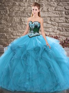 Beauteous Sleeveless Floor Length Beading and Embroidery Lace Up Sweet 16 Dress with Blue