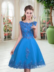 Sweet Blue A-line Beading and Appliques Prom Gown Lace Up Tulle Sleeveless Knee Length