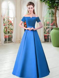 Belt Homecoming Dress Blue Lace Up Short Sleeves Floor Length