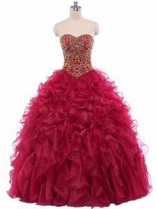 Beading and Ruffles Quince Ball Gowns Wine Red Lace Up Sleeveless Floor Length