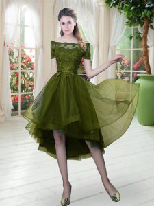 Sophisticated Lace Prom Party Dress Olive Green Lace Up Short Sleeves High Low