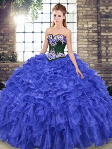 Royal Blue Mermaid Sweetheart Sleeveless Organza Sweep Train Lace Up Embroidery and Ruffles Quinceanera Gown