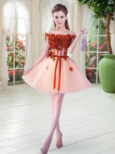 Sleeveless Mini Length Beading and Appliques Lace Up Prom Party Dress with Peach