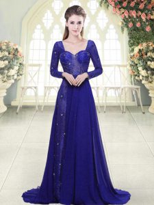 Sweetheart Long Sleeves Prom Dresses Sweep Train Beading and Lace Royal Blue Chiffon