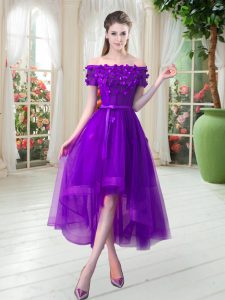 Purple A-line Appliques Prom Party Dress Lace Up Tulle Short Sleeves High Low