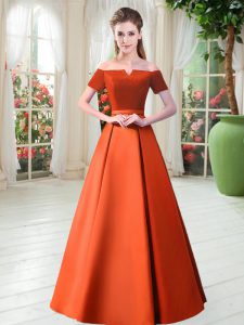Dynamic Belt Evening Dress Orange Red Lace Up Short Sleeves Floor Length