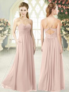 Spaghetti Straps Sleeveless Prom Party Dress Floor Length Ruching Pink Chiffon