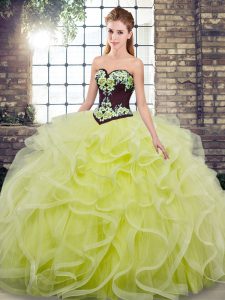 Pretty Sweetheart Sleeveless Quinceanera Dresses Sweep Train Embroidery and Ruffles Yellow Green Tulle