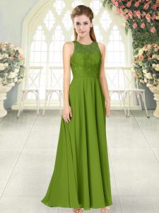 Sleeveless Floor Length Lace Backless Evening Dress with Olive Green