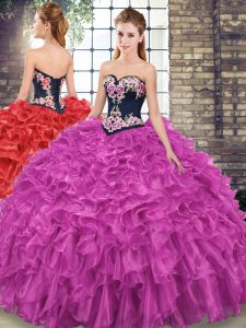 Organza Sweetheart Sleeveless Sweep Train Lace Up Embroidery and Ruffles Quince Ball Gowns in Fuchsia