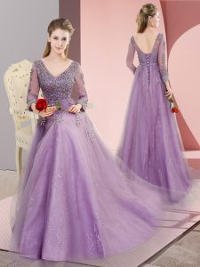 Inexpensive V-neck Long Sleeves Evening Dress Sweep Train Beading and Appliques Lavender Tulle