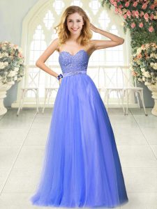 Blue A-line Sweetheart Sleeveless Tulle Floor Length Zipper Beading Homecoming Dress