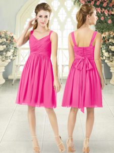 Admirable Ruching Prom Gown Hot Pink Zipper Sleeveless Knee Length