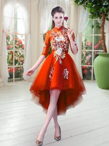 Perfect High Low Orange Red Prom Dresses Tulle Half Sleeves Appliques