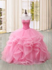 High Quality Pink Sweetheart Lace Up Beading and Ruffles Quinceanera Gowns Sweep Train Sleeveless