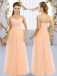 Fancy Peach Zipper Court Dresses for Sweet 16 Beading Cap Sleeves Floor Length