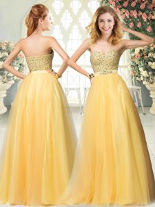 Sleeveless Tulle Floor Length Zipper Dress for Prom in Gold with Beading