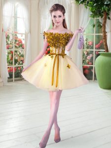Yellow Homecoming Dress Prom and Party with Beading and Appliques Off The Shoulder Sleeveless Lace Up