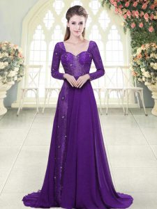 Long Sleeves Beading and Lace Backless Prom Dresses with Eggplant Purple Sweep Train