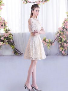 Delicate Champagne Lace Up Quinceanera Court Dresses Short Sleeves Mini Length Lace