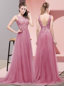Elegant Sweep Train Empire Prom Party Dress Pink Scoop Tulle Sleeveless Lace Up