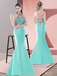 New Arrival Blue and Apple Green Backless Halter Top Beading Evening Dress Satin Sleeveless Sweep Train