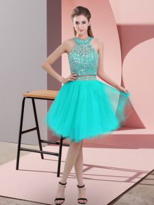 Fine Turquoise Organza Backless Prom Evening Gown Sleeveless Knee Length Beading