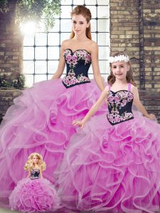 Tulle Sleeveless Sweet 16 Dresses Sweep Train and Embroidery and Ruffles