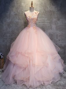 On Sale Sleeveless Lace Up Floor Length Appliques and Ruffles Quinceanera Dress