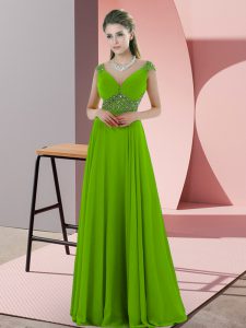 Green Chiffon Backless V-neck Sleeveless Floor Length Dress for Prom Beading