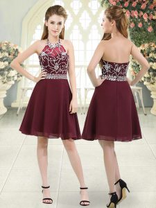 Traditional Knee Length Zipper Prom Dress Burgundy for Prom and Party and Military Ball with Beading