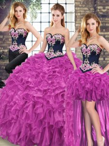 Most Popular Sleeveless Sweep Train Embroidery and Ruffles Lace Up Quinceanera Gown