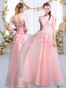 Pink Cap Sleeves Floor Length Beading and Appliques Lace Up Damas Dress