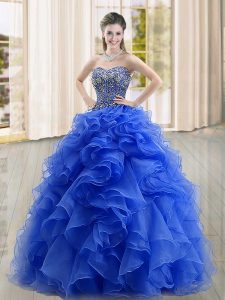 Edgy Ball Gowns Vestidos de Quinceanera Blue Sweetheart Organza Sleeveless Floor Length Lace Up