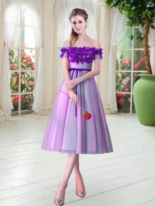 Lovely Lilac A-line Tulle Off The Shoulder Sleeveless Appliques Tea Length Lace Up Dress for Prom