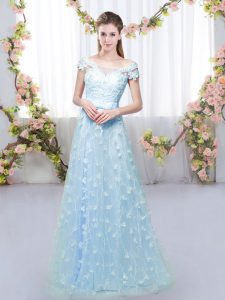 Modest Off The Shoulder Cap Sleeves Tulle Quinceanera Dama Dress Appliques Lace Up