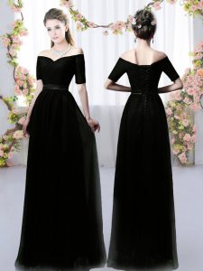 Affordable Floor Length Empire Short Sleeves Black Dama Dress Lace Up