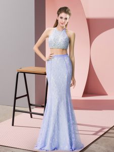 Classical Baby Blue Sleeveless Floor Length Beading and Lace Backless Prom Dresses