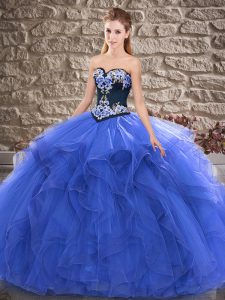 Floor Length Lace Up Sweet 16 Dress Blue for Sweet 16 and Quinceanera with Beading and Embroidery