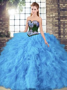 Unique Baby Blue Quince Ball Gowns Sweet 16 and Quinceanera with Beading and Embroidery Sweetheart Sleeveless Lace Up