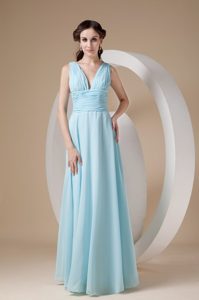 V-neck Chiffon Evening Dress with Ruche Decorated in Aqua