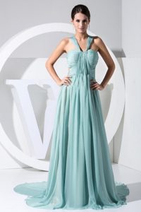 Ruched Light Blue Prom Dress with Watteau Train in Chiffon