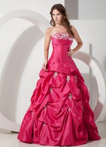 Popular A-line Strapless Appliques Taffeta Prom Dress Pick-ups