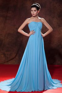 Lovely Aqua Blue Empire Strapless Evening Dress Court Tain Ruches