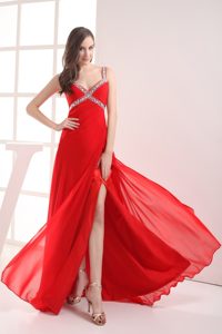 Outstanding Straps Beaded Slitted Red Senior Prom with Straps