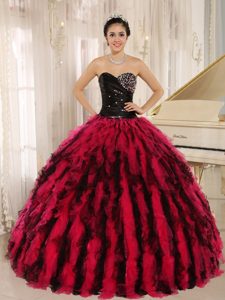Sweetheart Beaded and Ruffled For Quinceanera Dress in Black and Hot Pink