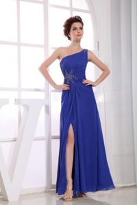 Fashionable One Shoulder Beaded Slitted Blue Prom Party Dress