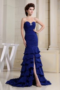 Blue Ruffled Layers 2013 Sweetheart High Slit Prom Dress Ruched